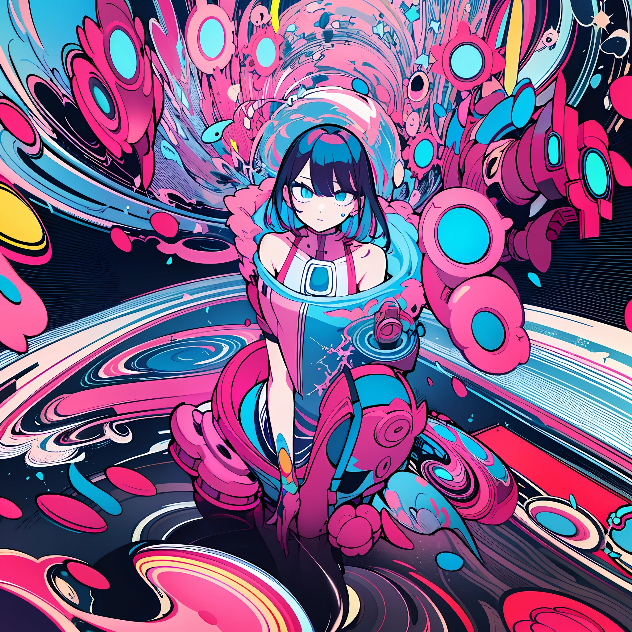 (ultra detailed,ultra high res,detailed background),((2D)),((flat color)),((colorful)),((floating colorful water)),1girl,solo,looking at viewer,BREAK