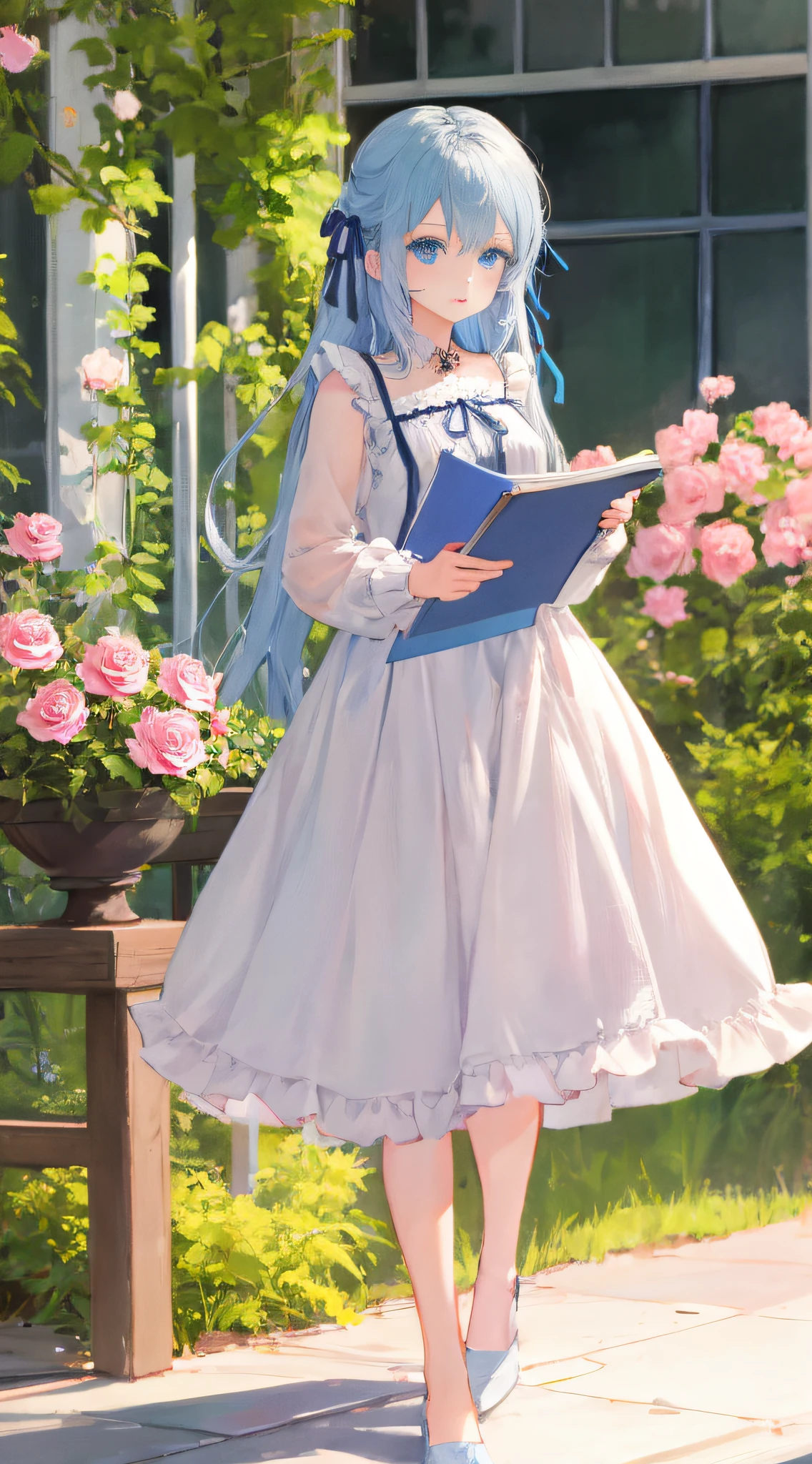 1girl, solo, long hair, blue eyes, dress, flower, white hair, ribbon, looking at viewer, white dress, pink flower, bangs, full body, rose, holding, blue ribbon, staff, frills, pink rose, long sleeves, hair ornament, white flower, very long hair, hair flower, bow, floating hair