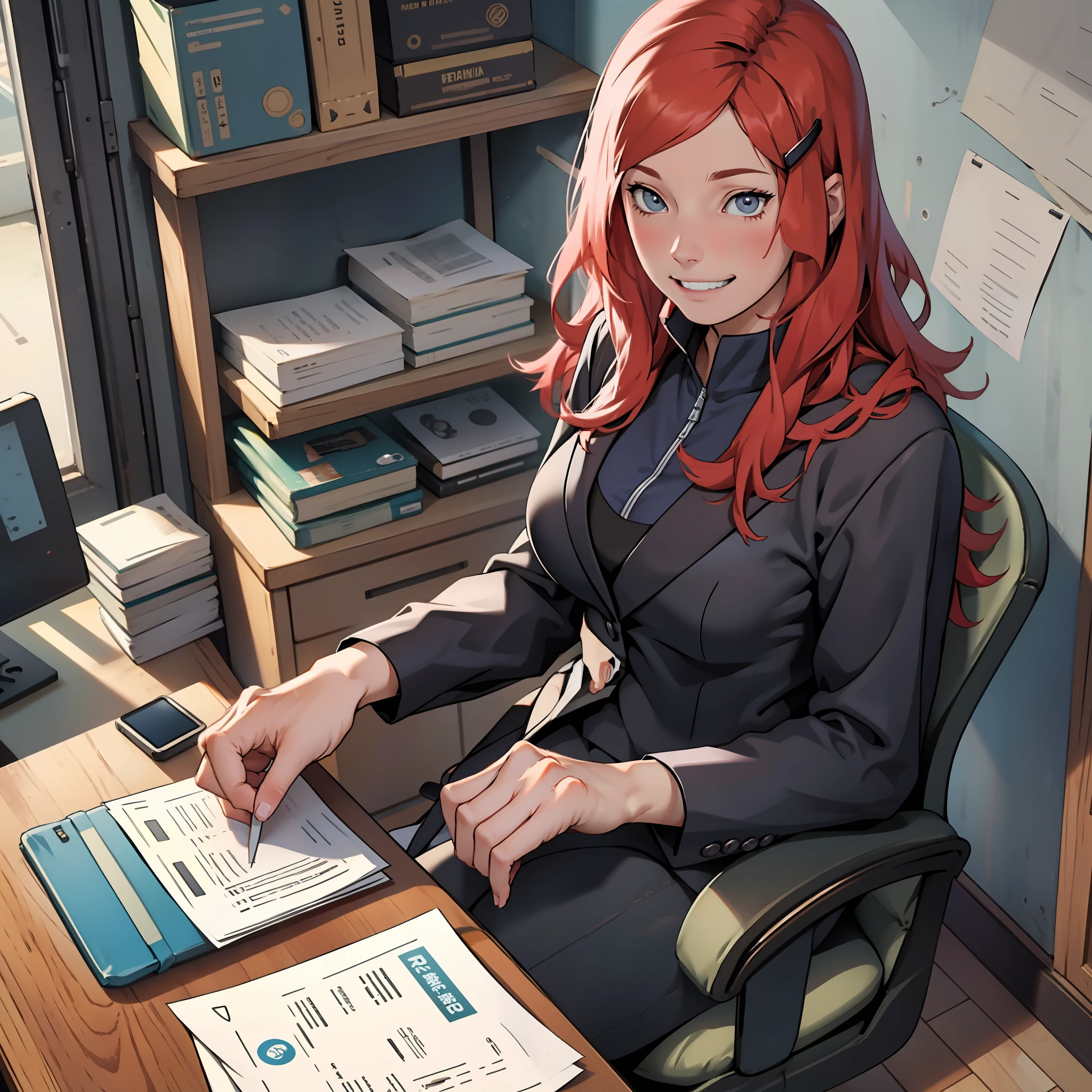 Kushina bei der Arbeit in einem Büro , Schwarzer Anzug,  Grinsen , Papiere halten .