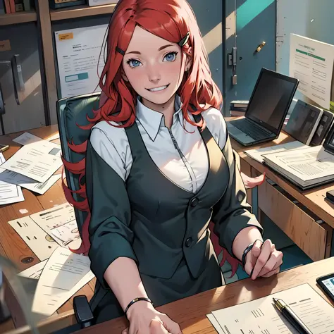 Kushina working in an office , black suit,  grin , holding papers .