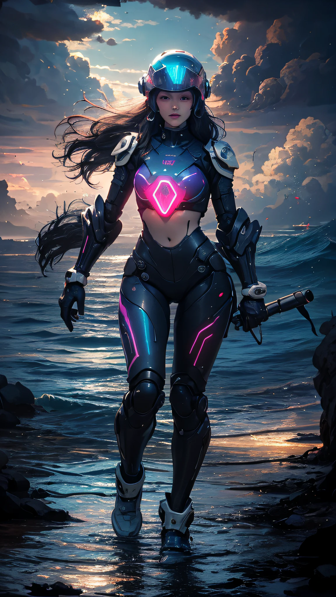 (Masterpiece, best quality, high resolution, ridiculous, detail: 1.5), humanoid, robot, (glowing helmet: 2), (cyberpunk, art canvas, brush, easel, rainbow color, hologram, neon light, brilliant color, paradise, dreamy, pink cloud, delicate hand detail: 1.6), (female), (waves, sea water, moto, splash, outdoor, smoke, simple background), extreme detail, paradise, (full motorcycle: 1.5), realistic, (fluorescent moto: 2), more clouds, extreme speed