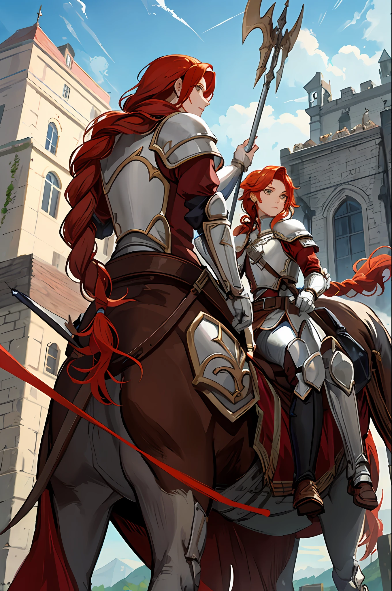 titania, 1horse, white horse, (riding a horse:1.2), braided ponytail, armor, red dress, belt, gauntlets, gloves, armored boots, from below, backlit, silhouette, lens flare, looking down at viewer, fortress, tower, stone fortress, banners, medieval, spear, holding, holding spear, lance, holding weapon