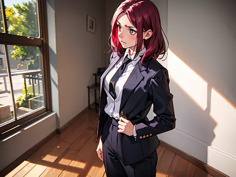 a girl, standing in the bedroom, looked puzzled, wearing a black suit and burgundy hair