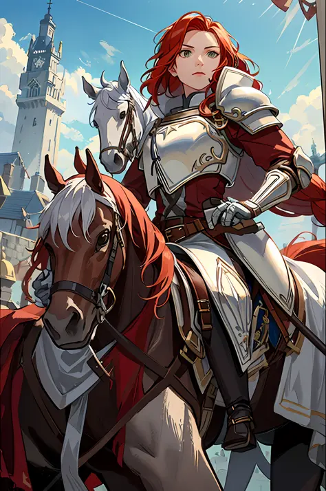 titania, 1horse, white horse, (riding a horse:1.2), braided ponytail, armor, red dress, belt, gauntlets, gloves, armored boots, ...