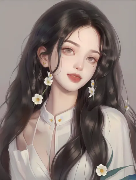 a close up of a woman with long hair and flowers in her hair, artwork in the style of guweiz, in the art style of bowater, kawaii realistic portrait, guweiz, beautiful anime portrait, digital anime illustration, inspired by Yanjun Cheng, by Yang J, detaile...