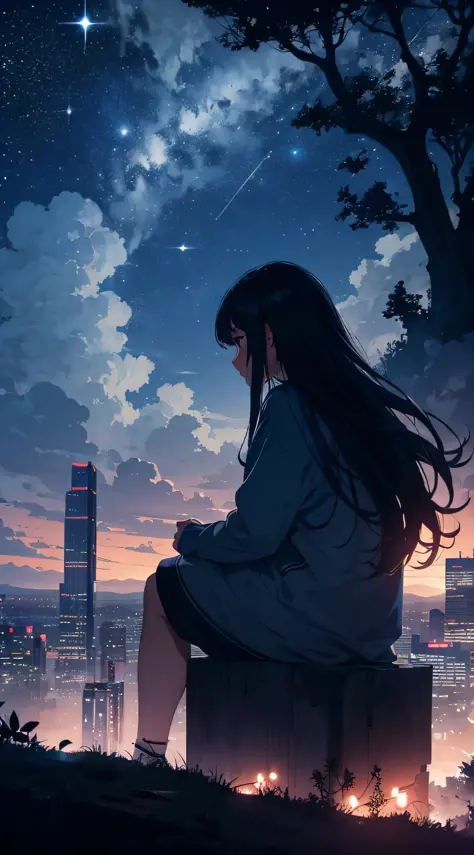 octans, sky, star (sky), scenery, starry sky, night, 1girl, night sky, solo, outdoors, building, cloud, milky way, sitting, tree...