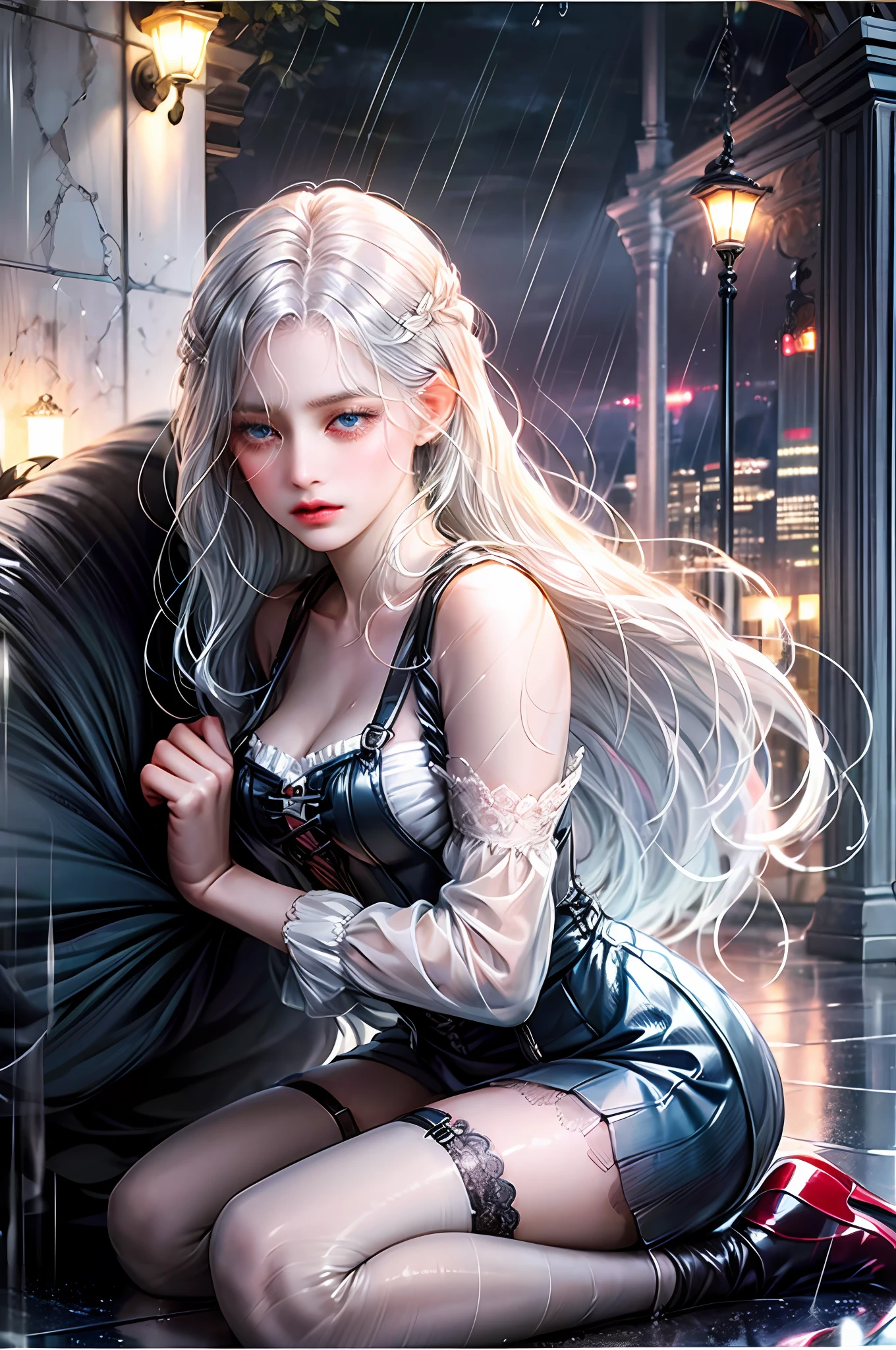 1 girl, anime style, kneeling, hivering, feeling cold, shivering, transparent suspender stockings, leg straps, short skirt, (long white hair), blue eyes, rain-soaked top, rainy day, heartache expression --auto