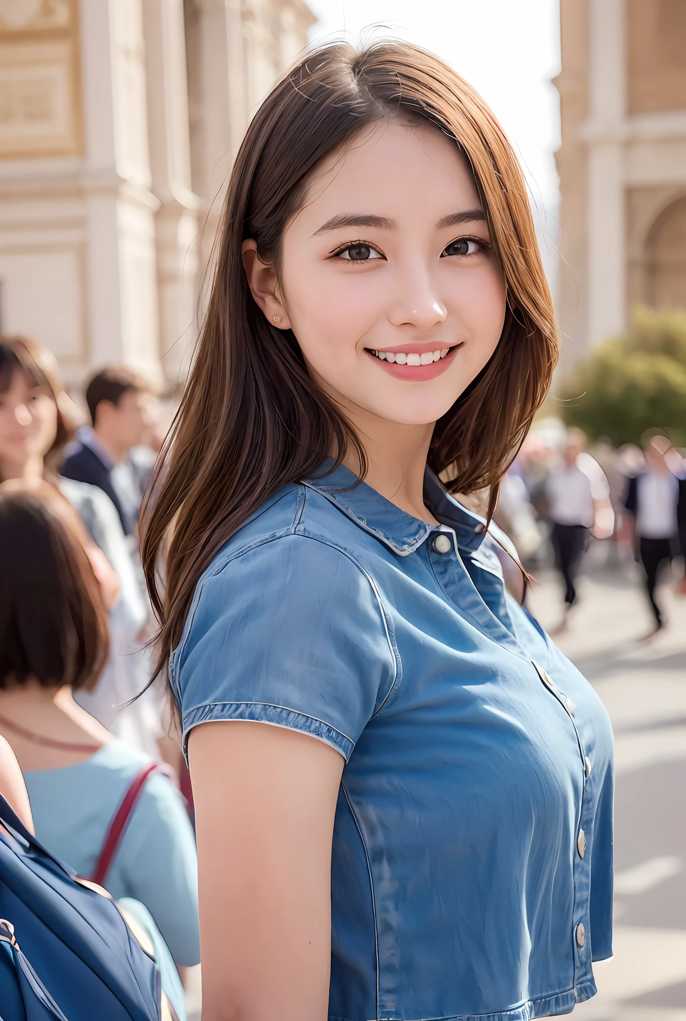 1girl, cute, 26 years old, smiling, look at viewer,(Piazza dei Miracoli background,crowd),navel, seifuku, photo, realistic, best quality, hires, detailed face, classroom, detailed background, diffused lighting, depth of field, bokeh