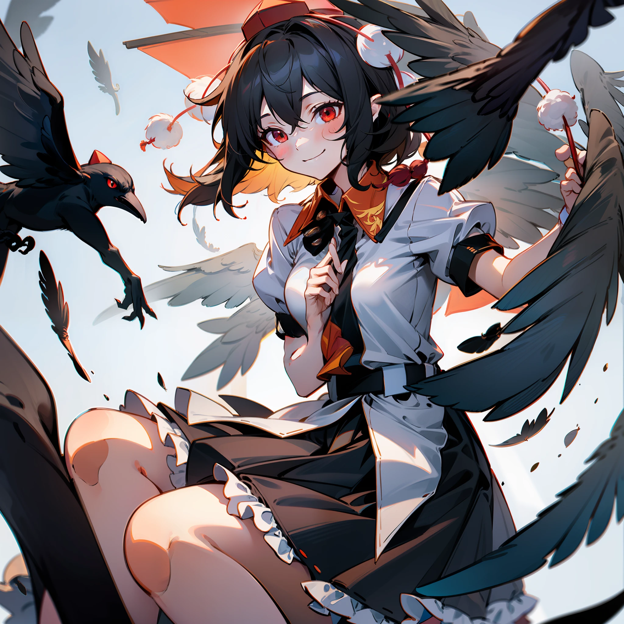 a woman holding book and wearing dark dress holding a bird in her right hand and an umbrella in her left, 1girl, shameimaru aya, hat, solo, pom pom (clothes), skirt, wings, tokin hat, shirt, red eyes, smile, black skirt, short hair, black hair, white shirt, short sleeves, holding, bird wings, black wings