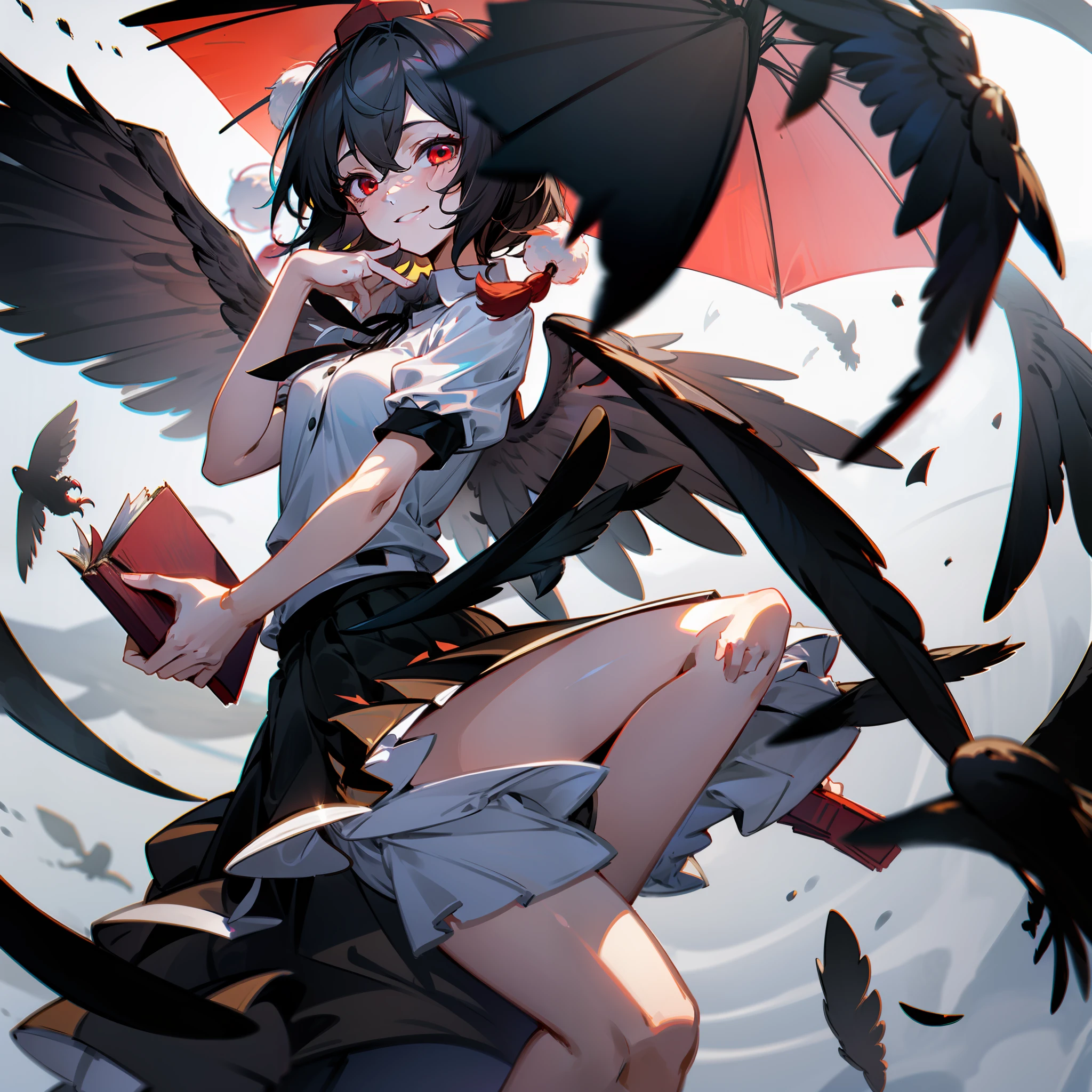 a woman holding book and wearing dark dress holding a bird in her right hand and an umbrella in her left, 1girl, shameimaru aya, hat, solo, pom pom (clothes), skirt, wings, tokin hat, shirt, red eyes, smile, black skirt, short hair, black hair, white shirt, short sleeves, holding, bird wings, black wings