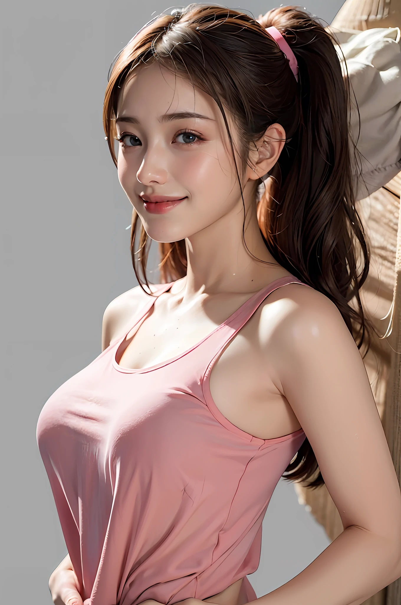 (Ultra Real), (Illustration), (High Resolution), (8K), (Very Detailed), (Best Illustration), (Beautiful Detailed Eyes), (Best Quality), (Ultra Detailed), (Masterpiece), (Wallpaper), (Detailed Face), Night, Upper Body Up,Armpits, Smile,Plump,Solo,Simple Pink Tank Top Girl, Sweaty, Japan Person, Big, (Camel Toe)