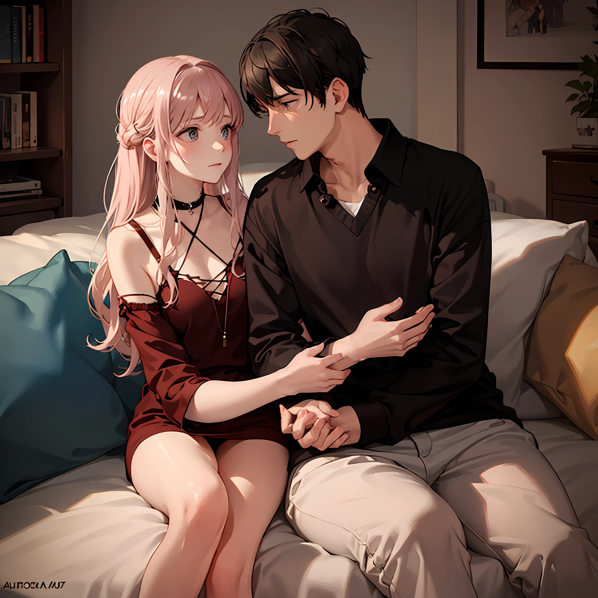 Anime couple sitting on a bed with a bookcase in the background - SeaArt AI