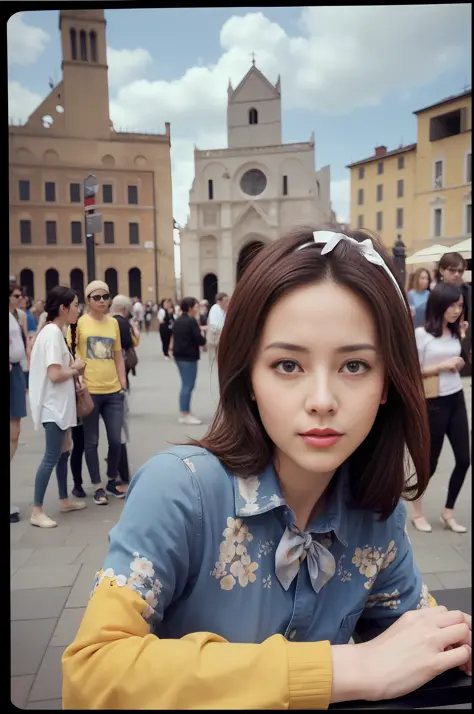 1 girl,(piazza dei miracoli background,crowd,crowd),navel,1 18-year-old girl),(upper body:1.2),(medium breasts),upper body,(real...