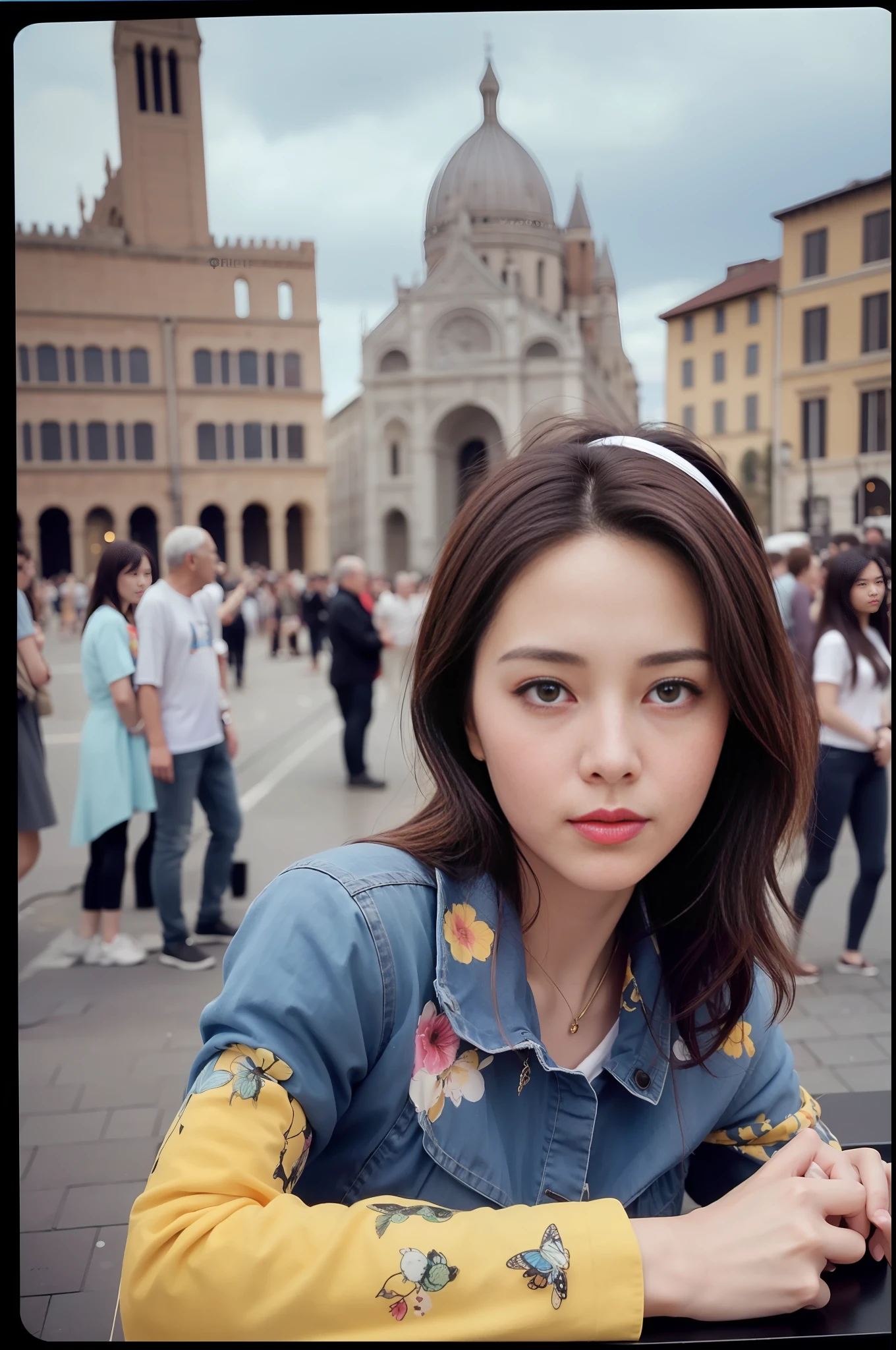 1 girl,(Piazza dei Miracoli background,crowd,crowd),navel,1 18-year-old girl),(upper body:1.2),(medium breasts),upper body,(realistic:1.7),((best quality)),absurdres,(ultra high res),(photorealistic:1.6),photorealistic,octane render,(hyperrealistic:1.2), (photorealistic face:1.2), (8k), (4k), (Masterpiece),(realistic skin texture), (illustration, cinematic lighting,wallpaper),( beautiful eyes:1.2),((((perfect face)))),(standing),(looking at viewer:1.2),(cute),(black hair),(braided ponytail:1.1),(bow hairband),(printed t-shirt:1.2),(red lips:1.1),outdoors,