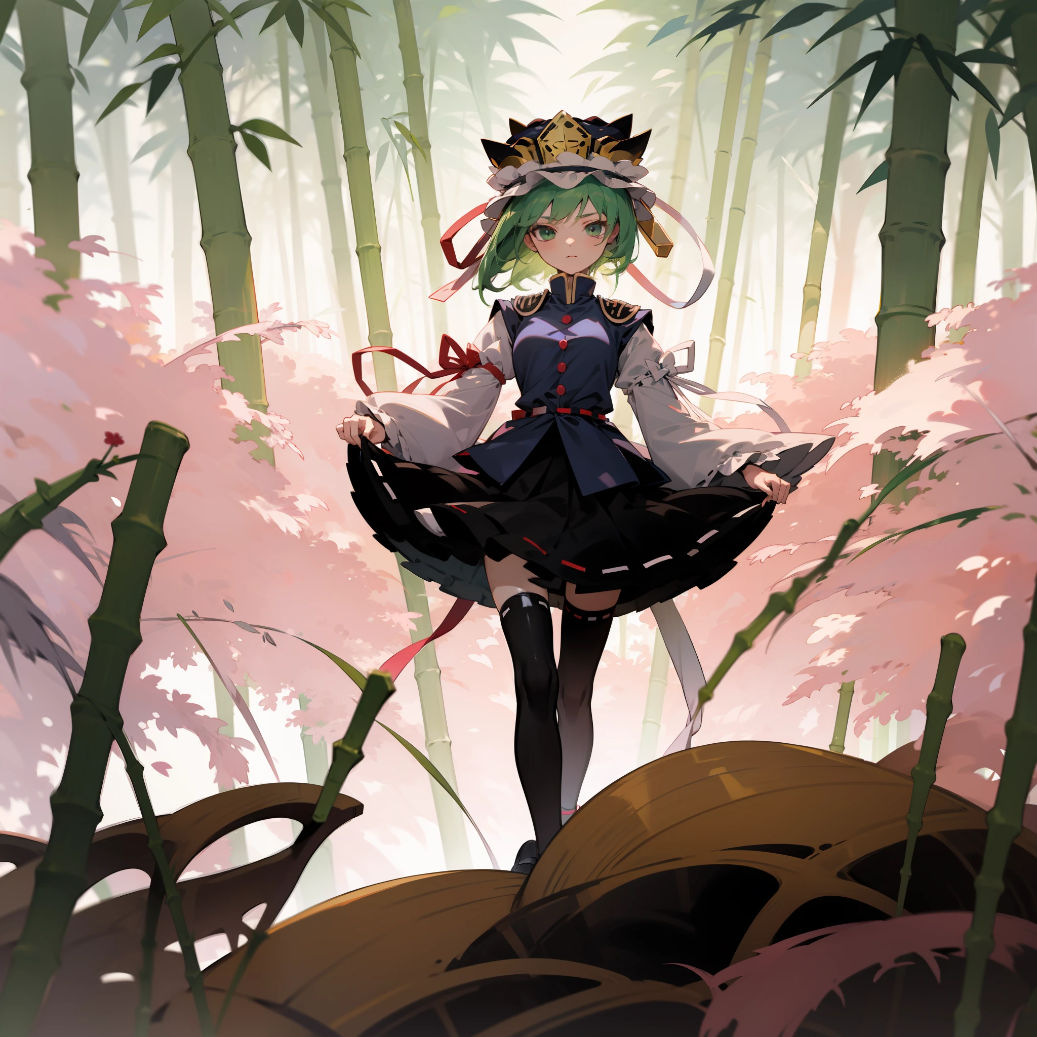 a pink haired woman is standing on a branch holding a gold key, 1girl, bamboo, solo, shiki eiki, rod of remorse, hat, skirt, thighhighs, green hair, black footwear, frills, long sleeves, looking at viewer, white thighhighs, ribbon, white ribbon, green eyes, shirt, black skirt, vest, white shirt, shoes, holding, bamboo forest, frilled hat, breasts