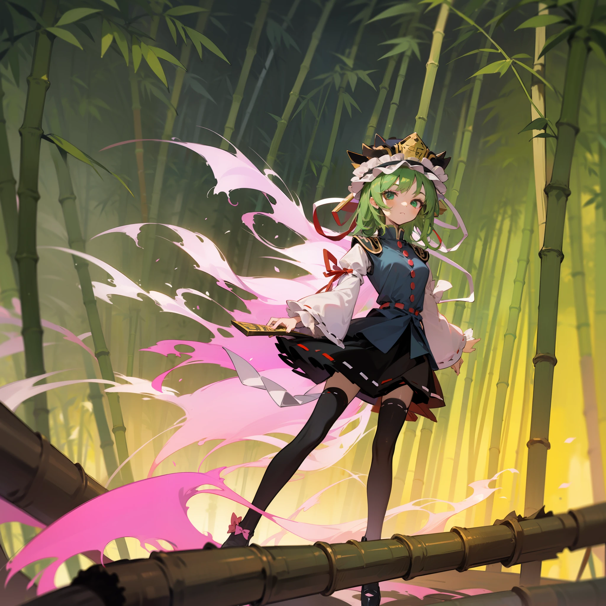 a pink haired woman is standing on a branch holding a gold key, 1girl, bamboo, solo, shiki eiki, rod of remorse, hat, skirt, thighhighs, green hair, black footwear, frills, long sleeves, looking at viewer, white thighhighs, ribbon, white ribbon, green eyes, shirt, black skirt, vest, white shirt, shoes, holding, bamboo forest, frilled hat, breasts