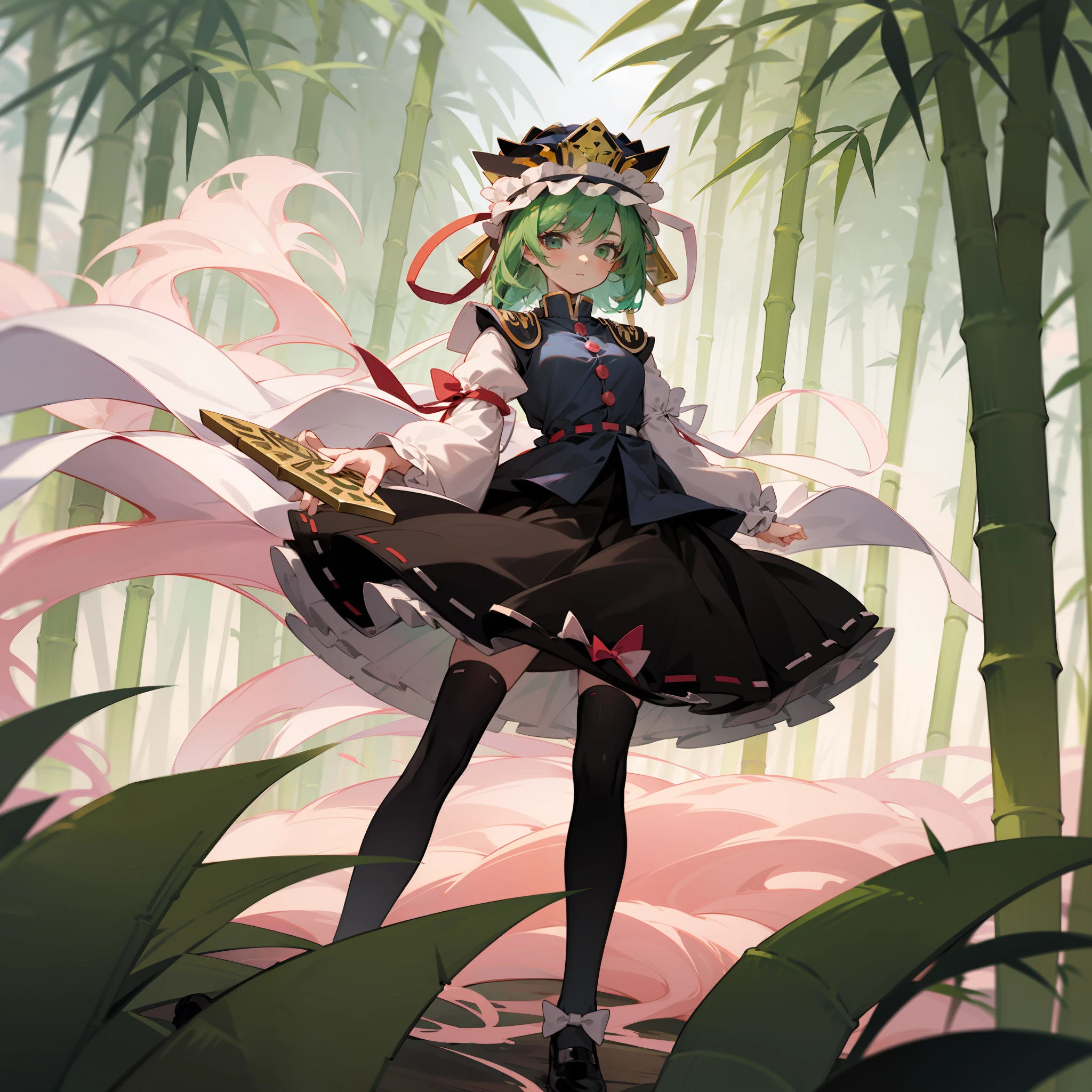 a pink haired woman is standing on a branch holding a gold key, 1girl, bamboo, solo, shiki eiki, rod of remorse, hat, skirt, thighhighs, green hair, black footwear, frills, long sleeves, looking at viewer, white thighhighs, ribbon, white ribbon, green eyes, shirt, black skirt, vest, white shirt, shoes, holding, bamboo forest, frilled hat, breasts