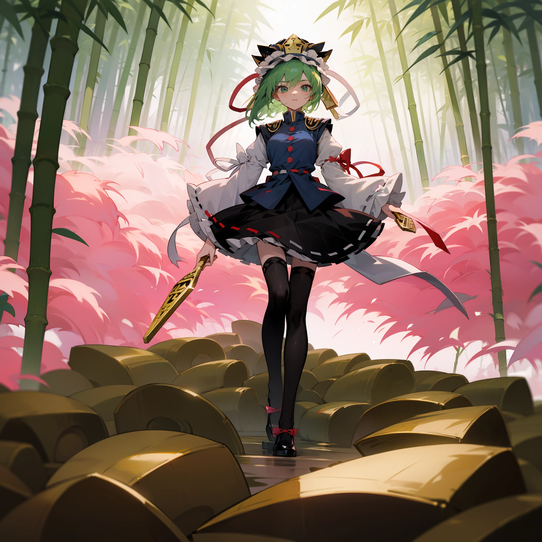 a pink haired woman is standing on a branch holding a gold key, 1girl, bamboo, solo, shiki eiki, rod of remorse, hat, skirt, thighhighs, green hair, black footwear, frills, long sleeves, looking at viewer, white thighhighs, ribbon, white ribbon, green eyes, shirt, black skirt, vest, white shirt, shoes, holding, bamboo forest, frilled hat, breasts