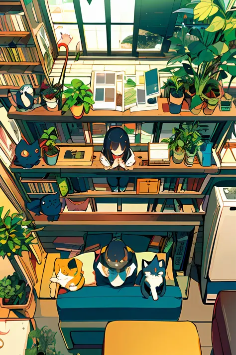 girl, from above, plant, black hair, cat, indoors, holding, long sleeve, long hair, stuffed cat, potted plant, book, food, windo...