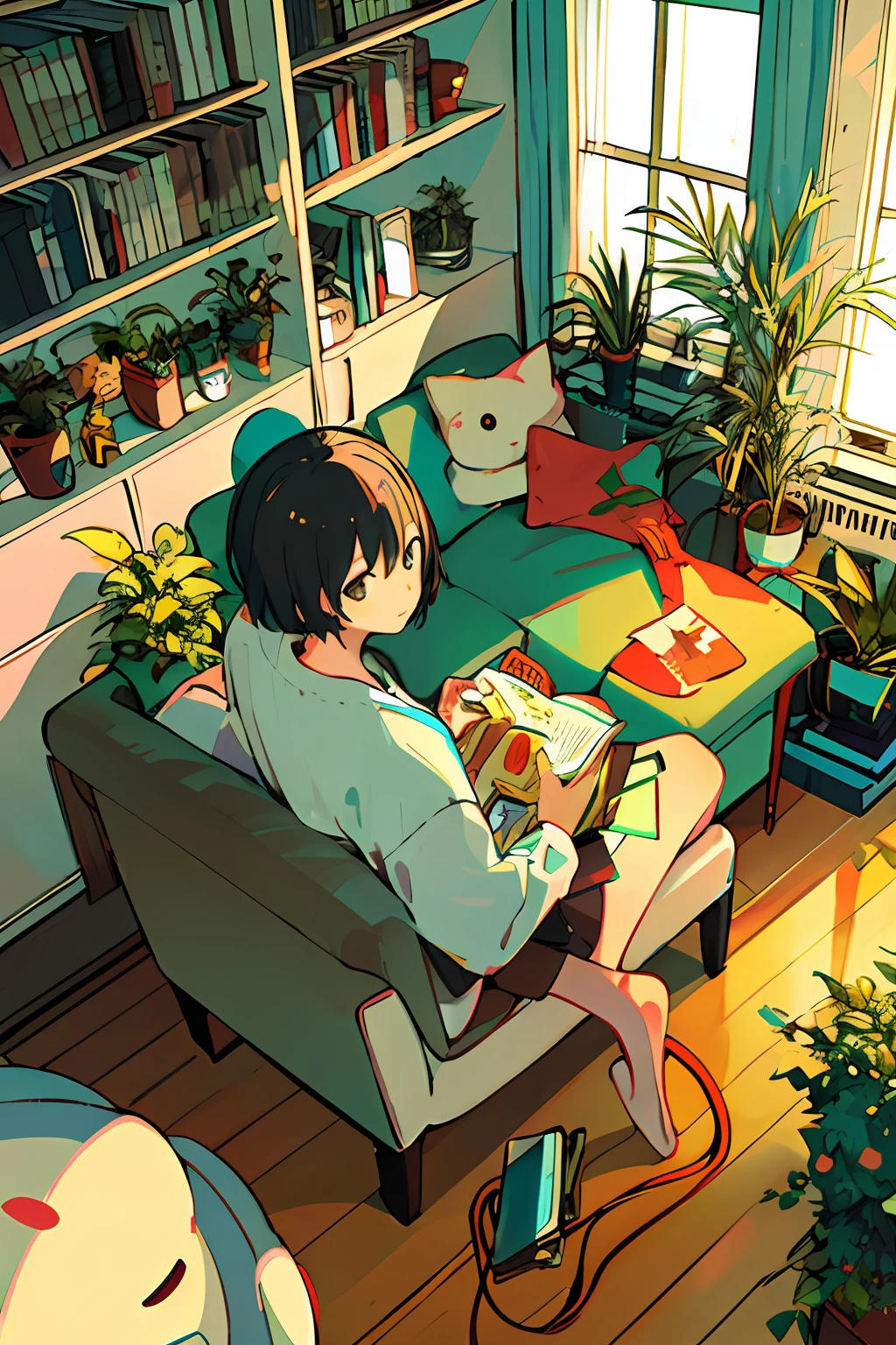 girl, from above, plant, black hair, cat, indoors, holding, long sleeve, long hair, stuffed cat, potted plant, book, food, window, phone, loaded interior, television, short hair, on the back, stuffed animal, bangs, slippers, barefoot, sitting, bookcase, shelf, cable, computer