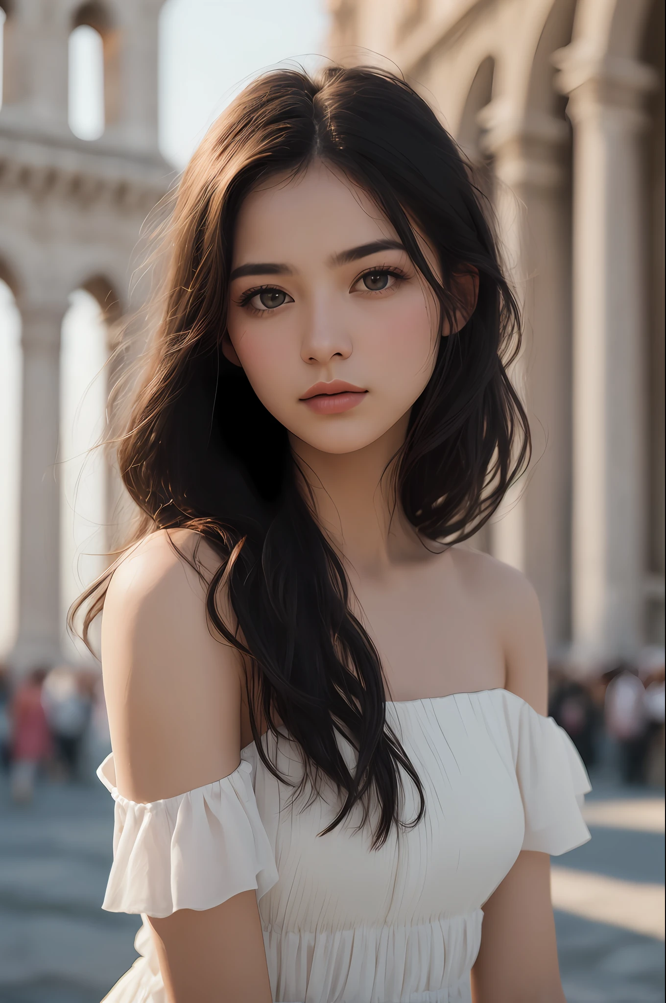 filmg, film portrait photography, (Piazza dei Miracoli background,crowd),1girl, bare shoulders, wavy shoulder-length hair, serene, calm, (realistic detailed eyes, natural skin texture, realistic face details), soft dramatic lighting, depth of field, bokeh, vibrant details, finely detailed, hyperrealistic, 35mm film, hazy blur