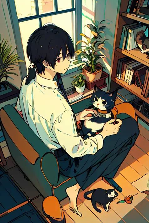 boy, from above, plant, black hair, cat, indoors, holding, long sleeve, long hair, stuffed cat, potted plant, book, food, window...