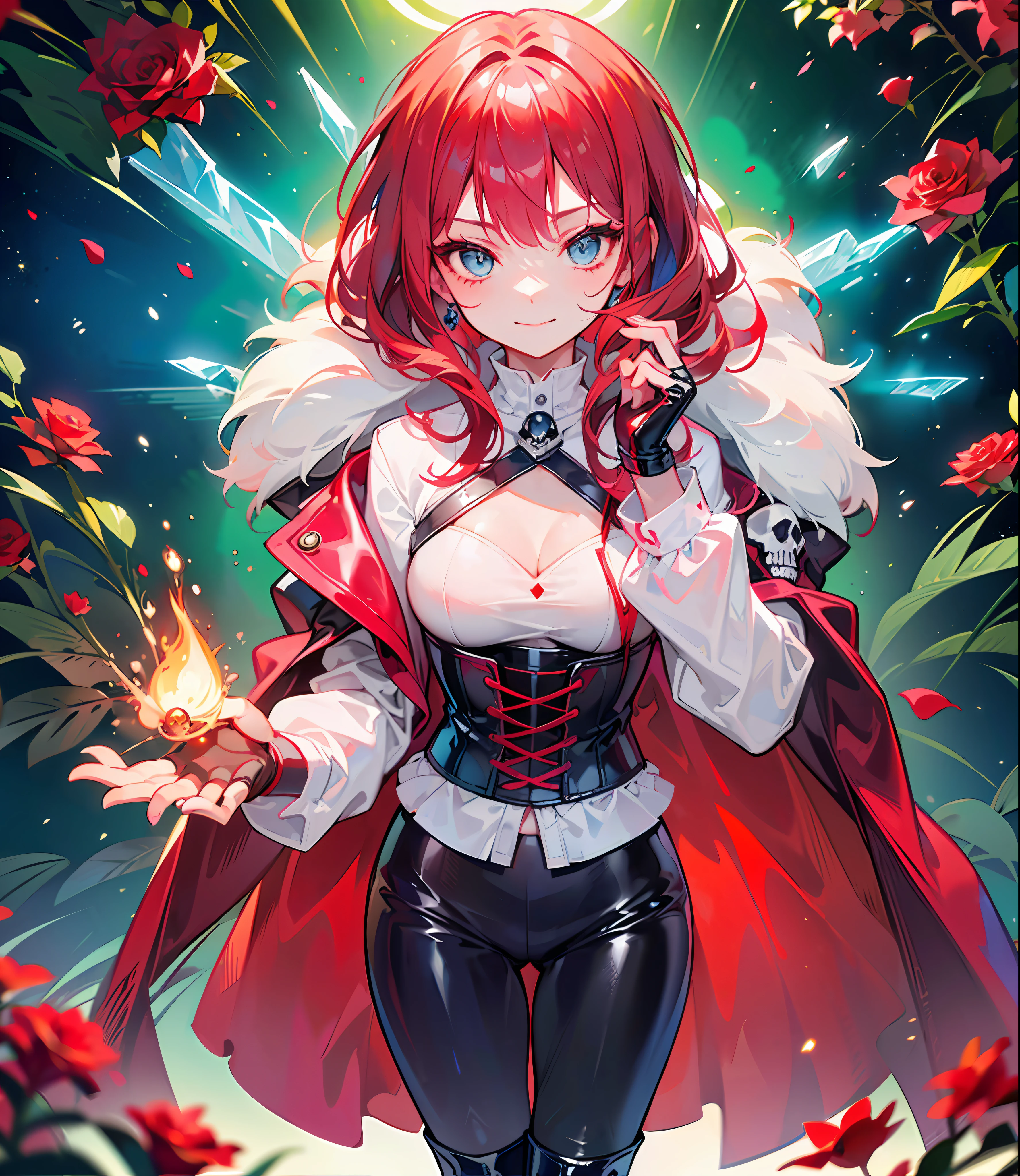 (girl), ((scarlet hair)),(long hair)) ((black latex leggings)), ((latex short boots)), (fingerless gloves) ((white shirt)), (red cloak on hips), ((soldier)), (evil smile)) ((roses on clothes)), ((skulls on clothes)), ((fur on sleeves)), ((fire magic in hand)), ((belligerence)), (small breasts), ((1 person)), ((one girl)) ((portrait)), (black corset), ((night in the background)), (icy blue eyes)), (burgundy hair)), ((without sexualization)),  ((solo)), (((Closed clothes))), Space, cosmic effect, beautiful