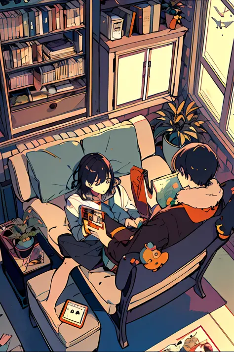boy, working on computer, from above, plant, black hair, cat, indoors, holding, long sleeve, long hair, stuffed cat, potted plan...