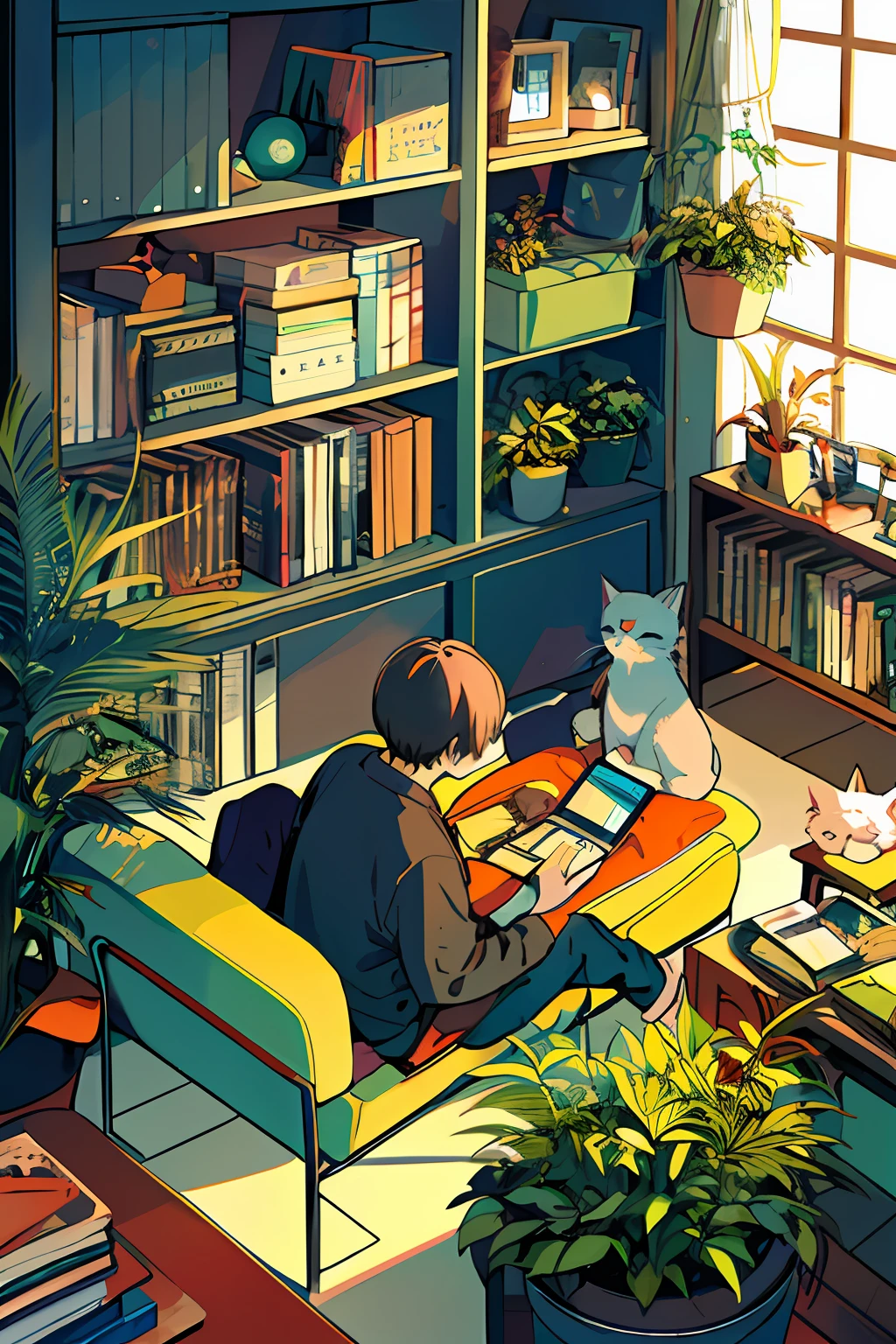 boy, working on computer, from above, plant, black hair, cat, indoors, holding, long sleeve, long hair, stuffed cat, potted plant, book, food, window, phone, loaded interior, television, short hair, on the back, stuffed, bangs, slippers, barefoot, sitting, bookcase, shelf, cable