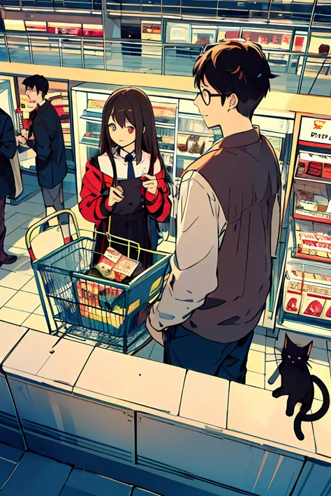 couple of boys and girls, chatting face to face, from above, dark hair, cat, shopping center, long sleeve,