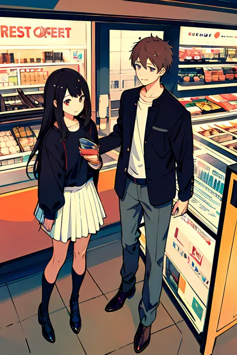 couple of boys and girls, chatting face to face, from above, dark hair, cat, shopping center, long sleeve,