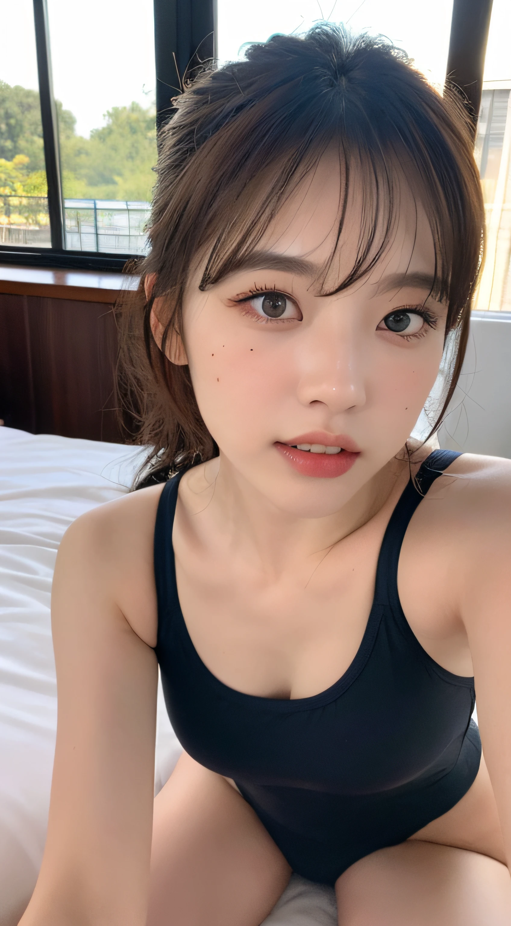 ((top quality, 8k, masterpiece: 1.3)), Sharp Focus: 1.2, Beautiful woman in perfect style, wearing a swimsuit sitting in bed: 1.4, perfect eyes, perfect iris, perfect lips, perfect teeth, perfect skin, no moles, water droplets on face, slender abs: 1.2, ((dark brown hair, big: 1.2)), (natural light, balcony: 1.1), highly detailed face and skin texture, detailed eyes, double eyelids,