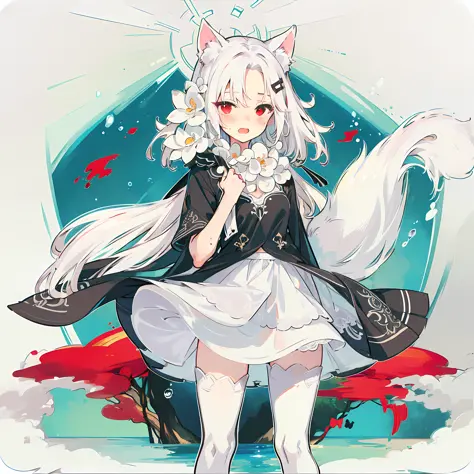 Long head with white hair, cute, red eyes, low cat ears, blushing, vaginal water, making sounds, panting, loli, white stockings,...