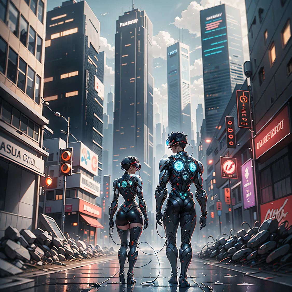 Dans une ville cyberpunk abandonnée, les gratte-ciel imposants sont emmêlés dans des fils et des tuyaux délabrés sous un ciel gris. dans les rues, les gens portent des lunettes bioniques noires et des bras robotiques, et porte des tenues en métal brillant, marchant précipitamment dans le labyrinthe d’ombre et de lumière. Le fantôme de la réalité virtuelle plane, remplir la ville entière d&#39;un sentiment de mystère technologique futur.
 ，chef-d&#39;œuvre, meilleure qualité，8k, ultra haute résolution，