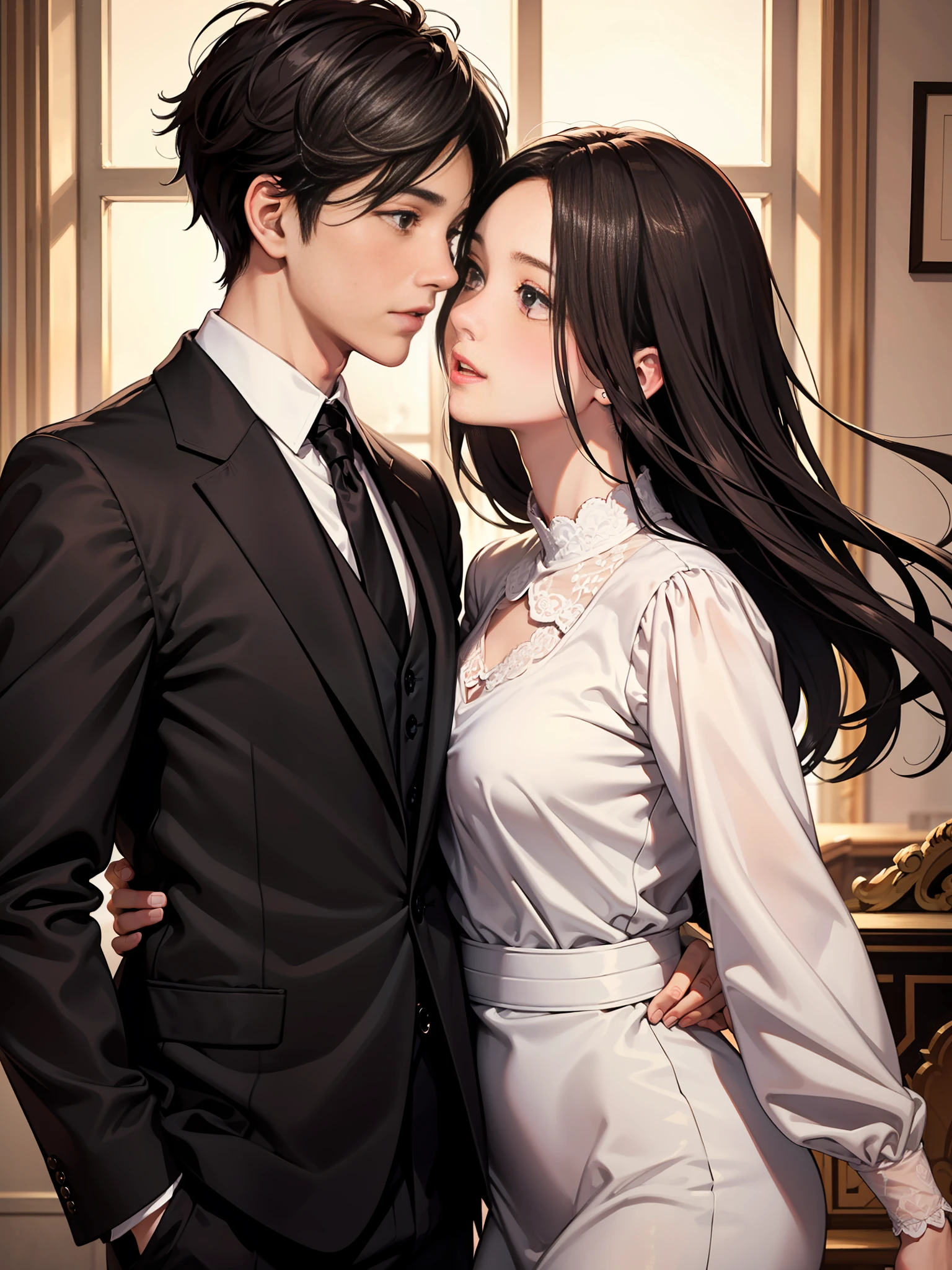 Urban romance novel cover: young couple, boy with short black hair and black eyes, fair skin, delicate facial features, white shirt, black suit, black narrow tie. Girls with brown shawls, long hair and brown eyes, fair skin, delicate facial features, gorgeous dress. Background luxury, atmosphere, foam. Happiness and happiness.