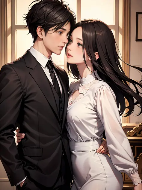 Urban romance novel cover: young couple, boy with short black hair and black eyes, fair skin, delicate facial features, white sh...