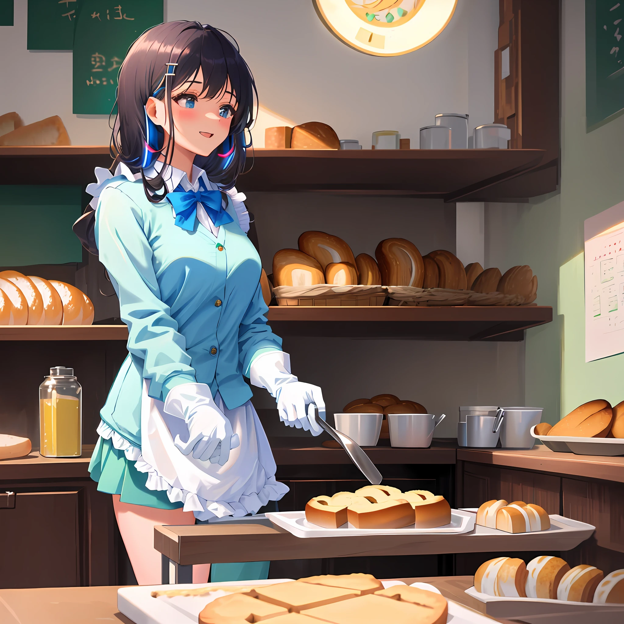 Masterpiece, top quality, height 165 cm, bride of five equal parts, Miku Nakano, blue cardigan, white shirt, green skirt, blue headphones, black stockings, brown hair, baking bread, semi-long hairstyle that hides on the right side, one, joyful, white cooking gloves, white apron, delicate background,