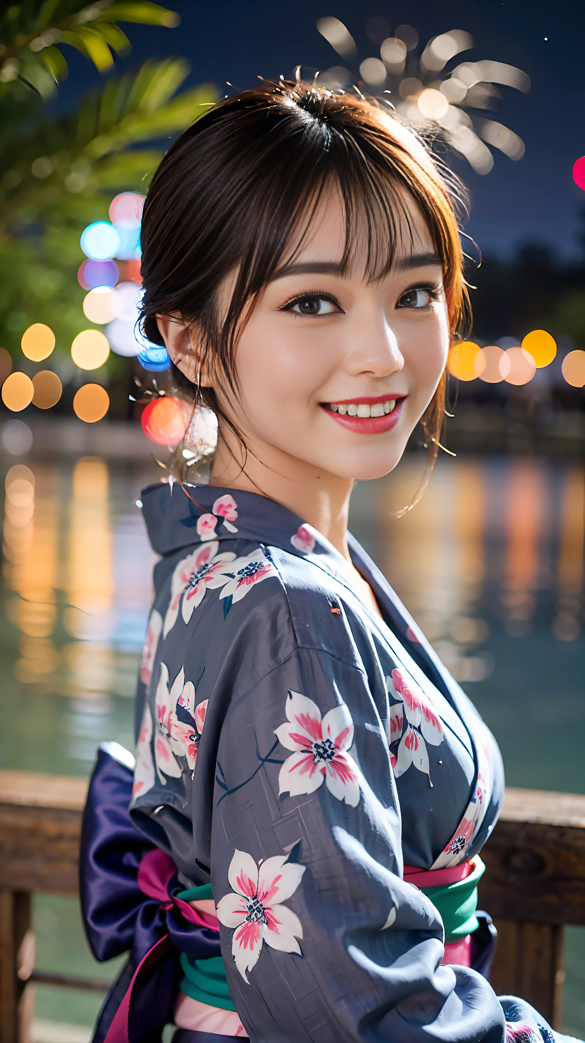 8K RAW Photos, UHD, HDR, Pro Photo, Best Quality, (Realistic, Photorealistic: 1.4), Night, Shooting Star, Clouds, Floral Yukata, Yukata, (Portrait Photo), Pictures of incredibly beautiful Japan girl 1, Wearing a yukata, Bright colors, (Fireworks: 1.4), (New Year: 1.1), (Festival: 1.1), (Sharp Focus: 1.2), (Cowboy Shot: 1.2), (Smile) :1.1), (Tooth: 1.1), Bridge overlooking the lake, (Water Reflection: 1.2), Glitter, Airborne Particles, Colorful Particles, Lots of Fireworks