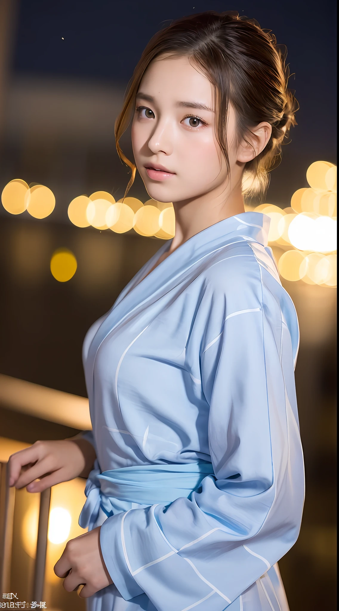 Top quality, realistic, perfect human body structure, very detailed, very delicate and beautiful, RAW photo, night fireworks display, yukata figure, professional lighting, face lighting, depth of field, single focal, pull photo,  woman, brown hair, brown eyes, small head, ((big)), baby face, fashion girl, beautiful eyes, real face, real skin, realistic face, realistic skin, detailed eyes, (half updo: 1.3), Sexy pose, viewer, looking at detailed face and breasts, middle school student