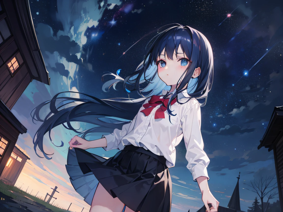 A  with long dark blue hair stands under the stars in a skirt, gazing at the forgotten night