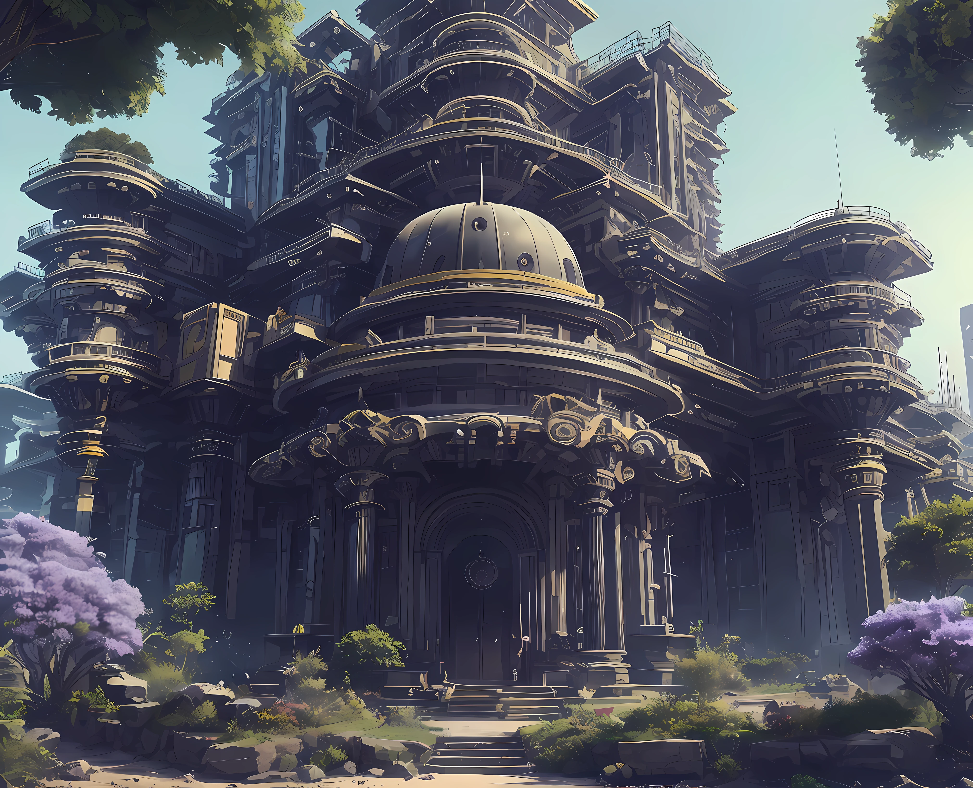 beautiful starwars neobrutalist modern temple complex, dominated by central pyramid, cyberpunk neoclassical building, deep atmosphere, dust, highly detailed buildings, trending in cgsociety, art nouveau skyscraper, highly detailed buildings, lush nature, flowers and trees by jean-honoré fragonard, 8k resolution 3d scanned materials, unreal engine, octane rendering, hyper realistic, cobalt blue cinematic blade runner 4k, trending on artstation and cgsociety (intricate delicate fine elegant) minutely detailed, exaggerated high detailed, super hyper detailed Processing: powerful unreal engine 5, art station (intricate). Post production presented with VFX, painstaking work by: Joe Letteri, Richard Baneham, Eric Saindon, Daniel Barrett (VES, BAFTA, CC) Extremely detailed in 120K, ultra super HD with the best technology