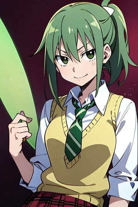 light smile, Schoolgirl attire, white blouse with yellow sweater vest, green striped tie, red plaid skirt, green eyes and ashy hair in a twin ponytail, (style of soul eater and fairy tail anime), (illustrated by Hiro Mashima and Atsushi Ohkubo), (style mix...