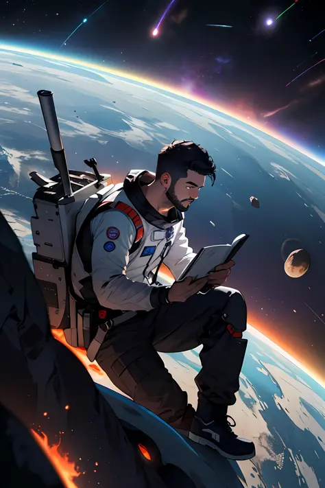 Painting a young programmer dressed in a Chinese Li-Ning sitting on a research platform floating in the middle of an asteroid belt. He was studying with a notebook, surrounded by several asteroids that emitted fiery halos. Dramatic lights from distant star...