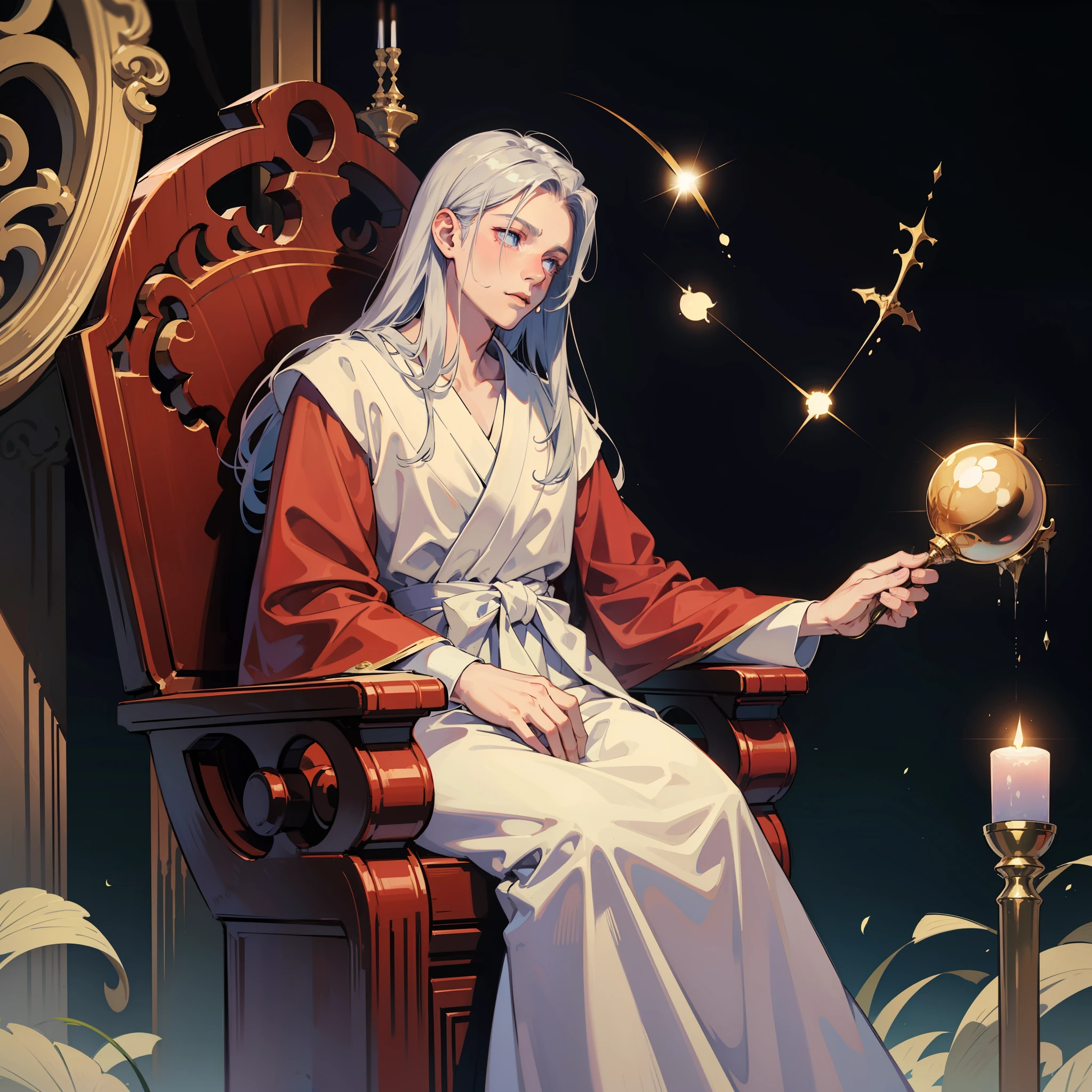 1 boy, long silver hair, pick-dyed, dressed in a gorgeous robe, leaning sideways on the throne ...