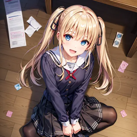 ph_eriri, 1girl, blonde hair, sawamura spencer eriri, blue eyes, twintails, open mouth, fang, smile, condom, from above, :d, bla...