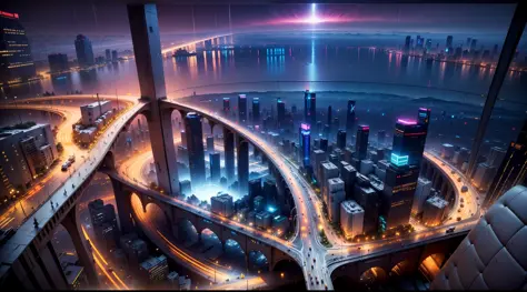 Looking down from the top of the mountain, cyberpunk, (((huge 3D commercial))), huge and decadent circular city, intersections, overpasses, road with height drops, night, ((many flying machines of different heights)), pedestrians, rain, reflections, high q...