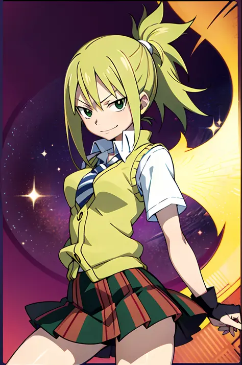 light smile, Schoolgirl attire, white blouse with yellow sweater vest, green striped tie, red plaid skirt, green eyes and ashy hair in a twin ponytail, (style of soul eater and fairy tail anime), (illustrated by Hiro Mashima and Atsushi Ohkubo), (style mix...