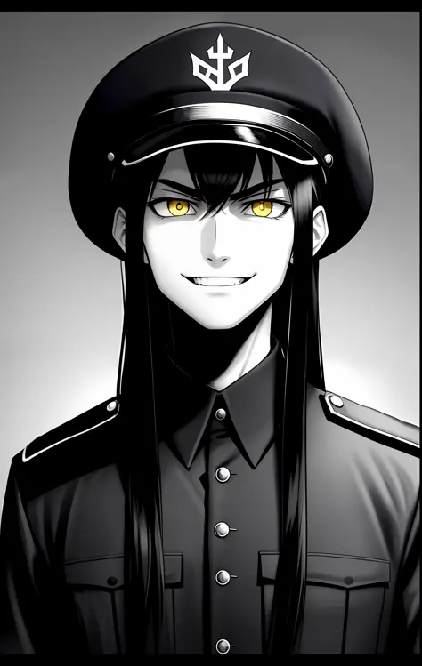 Young long black hair, Schutzstaffel uniforms black, man, with bangs, evil look and smile, black and white image, with a hat, ye...