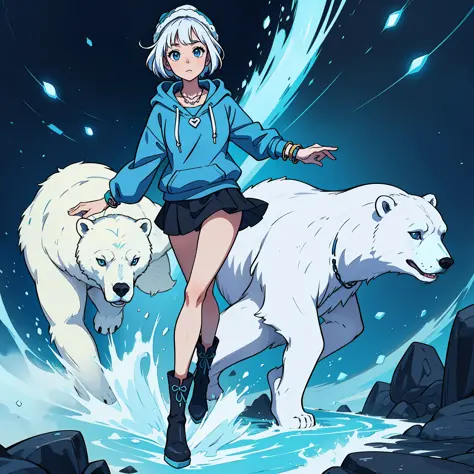 anime girl with short white hair wearing a polar bear beanie, wearing a blue necklace, blue eyes, wearing a blue hoodie, wears a...