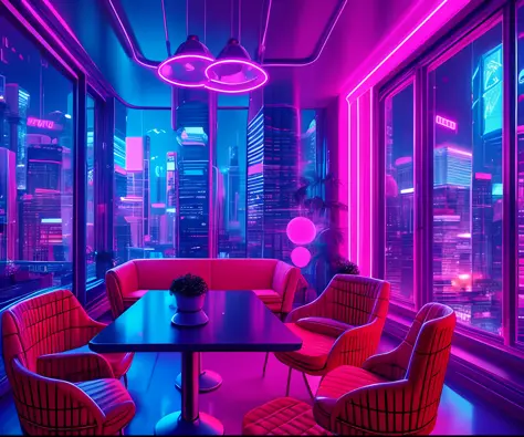 ((masterpiece)), (ultra-detailed), (intricate details), (8k high-resolution CGI art), Create a retro-futuristic and realistic small cyberpunk coffee shop (coffee shop) vaporwave overnight, with lots of detail. One of the walls should feature a large window...